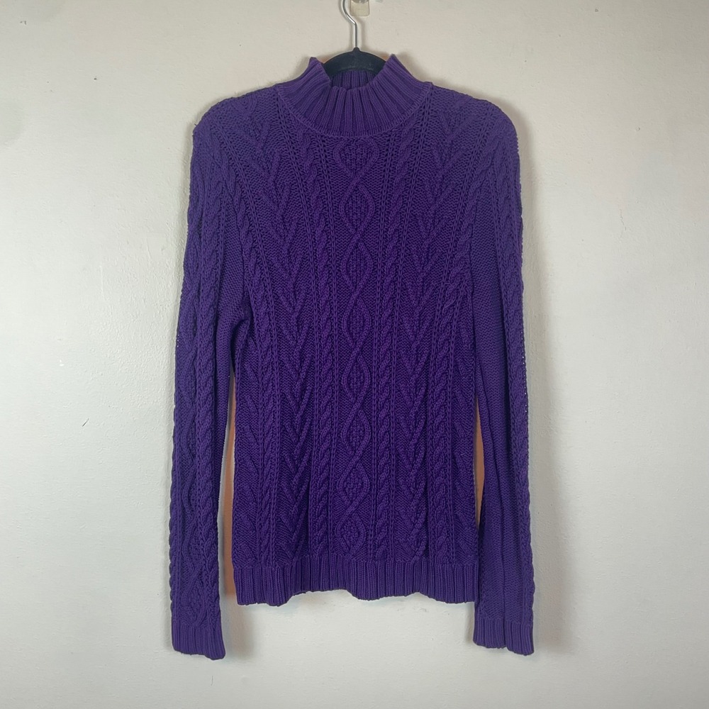 Chaps Purple Cable Knit Mock Neck Long Sleeve Cotton Sweater Women's M